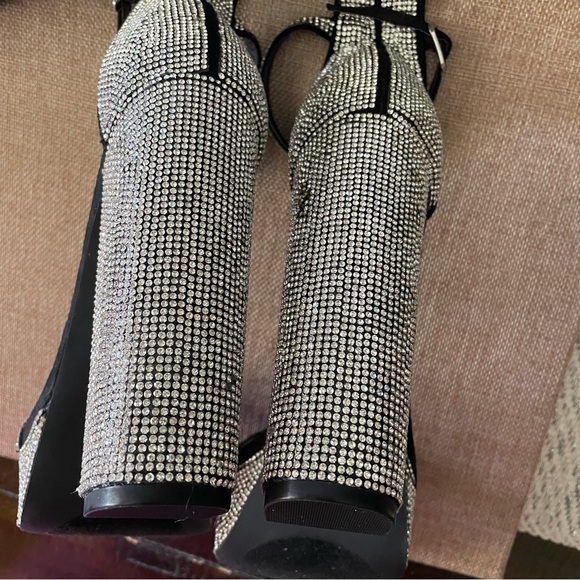 Black Rhinestones Shoes 8.5, black open toe chunky block platform heels - Picture 9 of 11